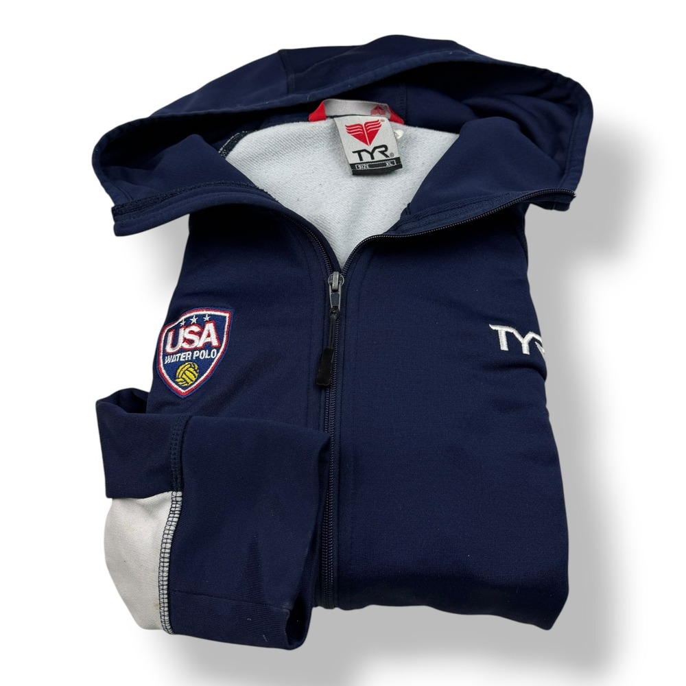 TYR USA Water Polo Mens XL Full Zip Hoodie Navy Blue White Track Jacket Olympic